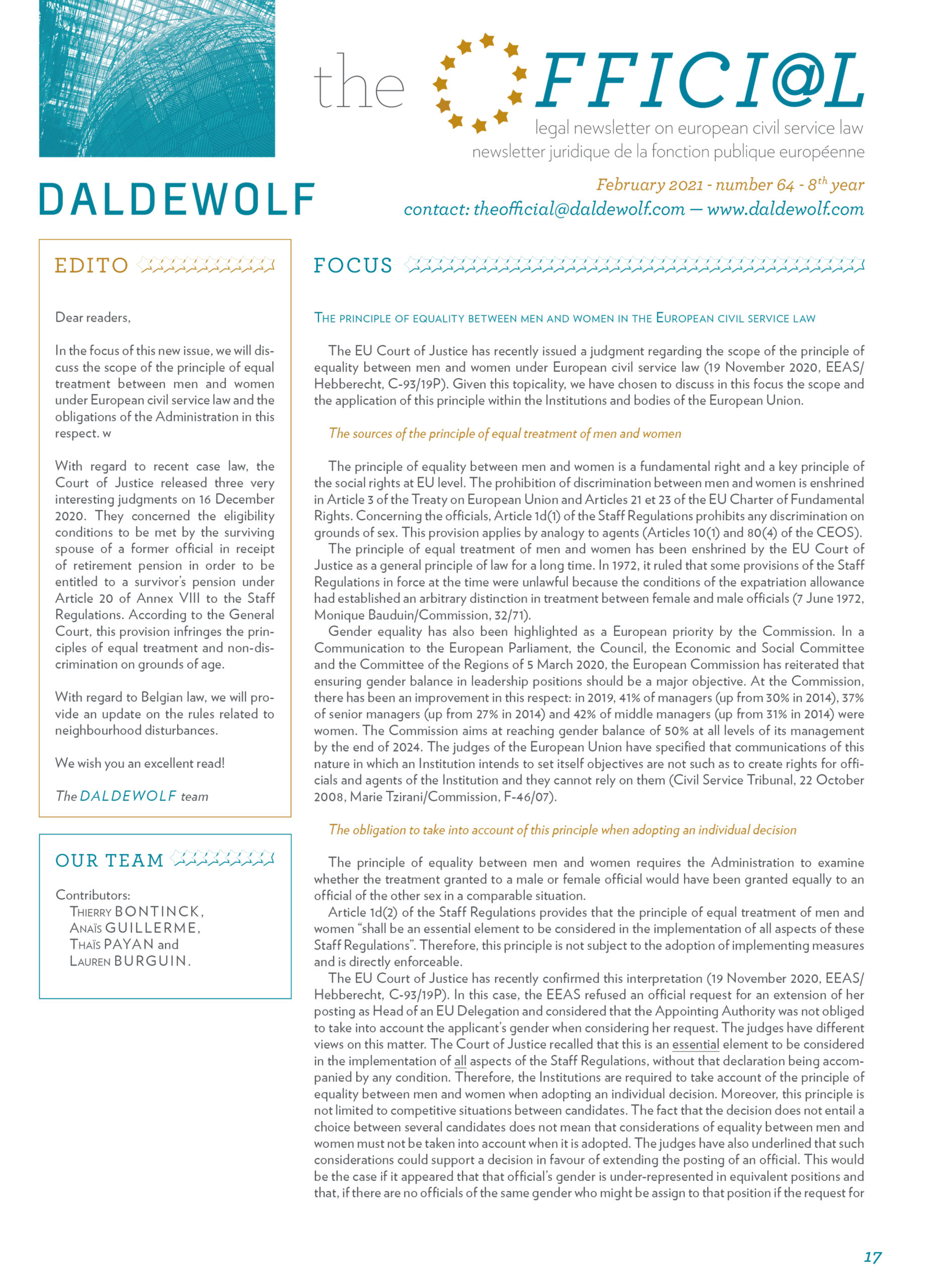 the OFFICI@L - newsletter - DALDEWOLF for Renouveau & Démocratie - #64 - February 2021 - Hugues de Castillo